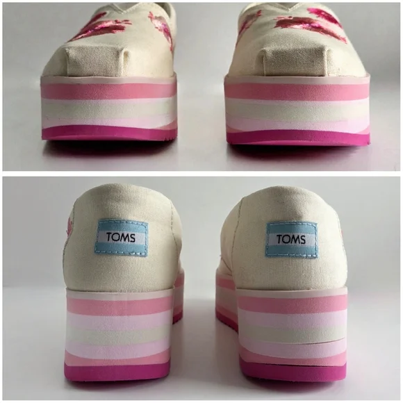 Toms Embroidered Floral On Canvas Platform Slip-On Shoes, Pink & Cream, Size 8.5 - Picture 7 of 16